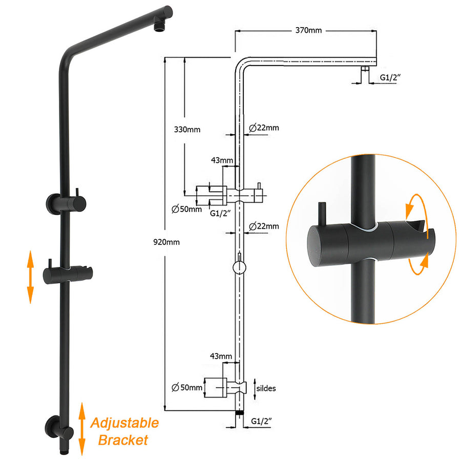 Matt Black Round 9" Rainfall Head Handheld Sliding Rail Wall Arm Dual Shower Taps Set