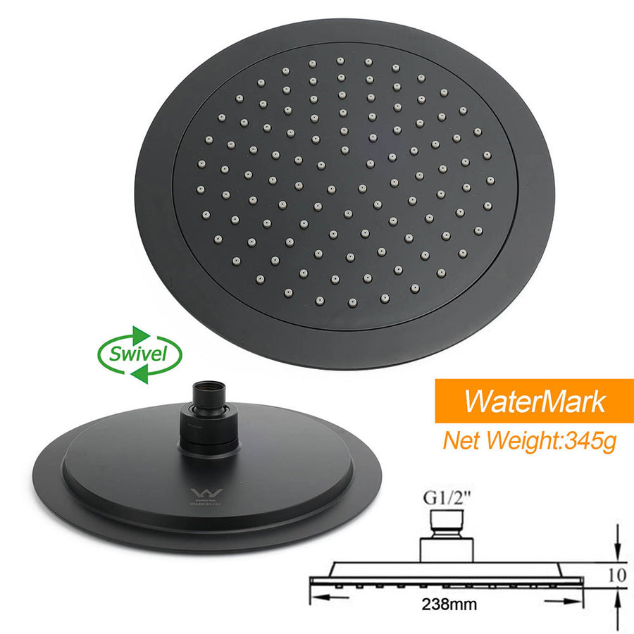 Matt Black Round 9" Rainfall Head Handheld Sliding Rail Wall Arm Dual Shower Taps Set