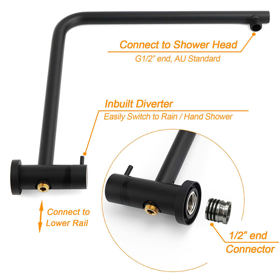 Matt Black Round 8" Rain Shower Head 3 Mode Handheld 2 in 1 Wall Arm Set