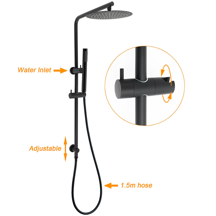 Matt Black Round 10" Rain Shower Head Brass Handheld Slide Rail Riser Arm Mixer Set