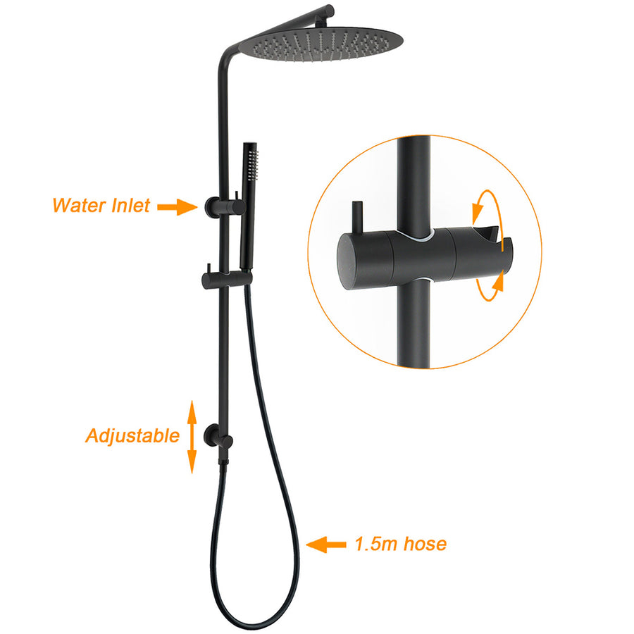 Matt Black Round 12" Rain Shower Head Brass Handheld Riser Rail Set Diverter Mixer Taps
