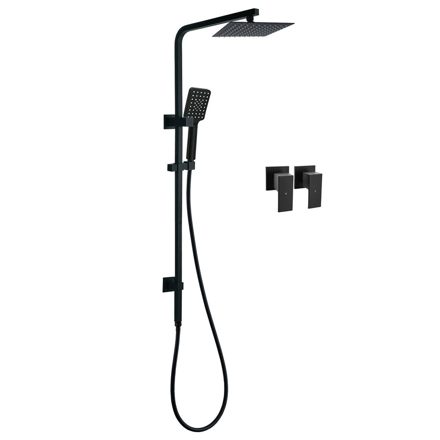 WELS Matt Black 8" Rainfall Shower Head 3 Modes Handheld Wall Rail Arm 2in1 Taps Set