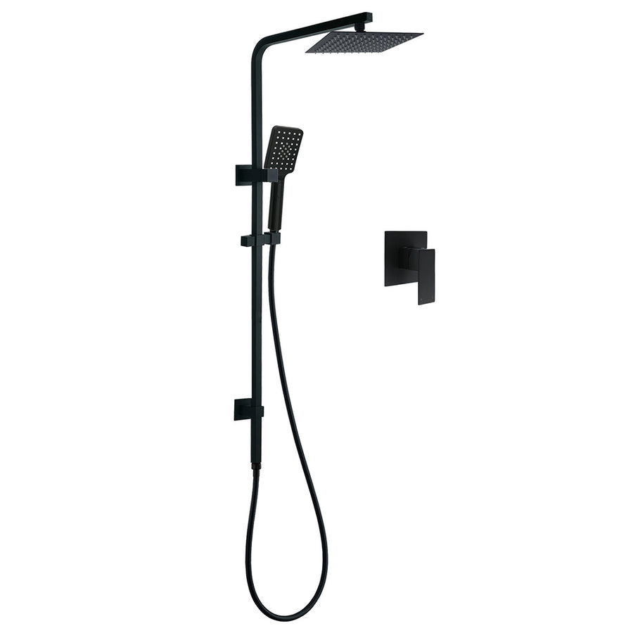 WELS Matt Black 8" Rainfall Shower Head 3 Modes Handheld Wall Rail Arm 2in1 Mixer Set