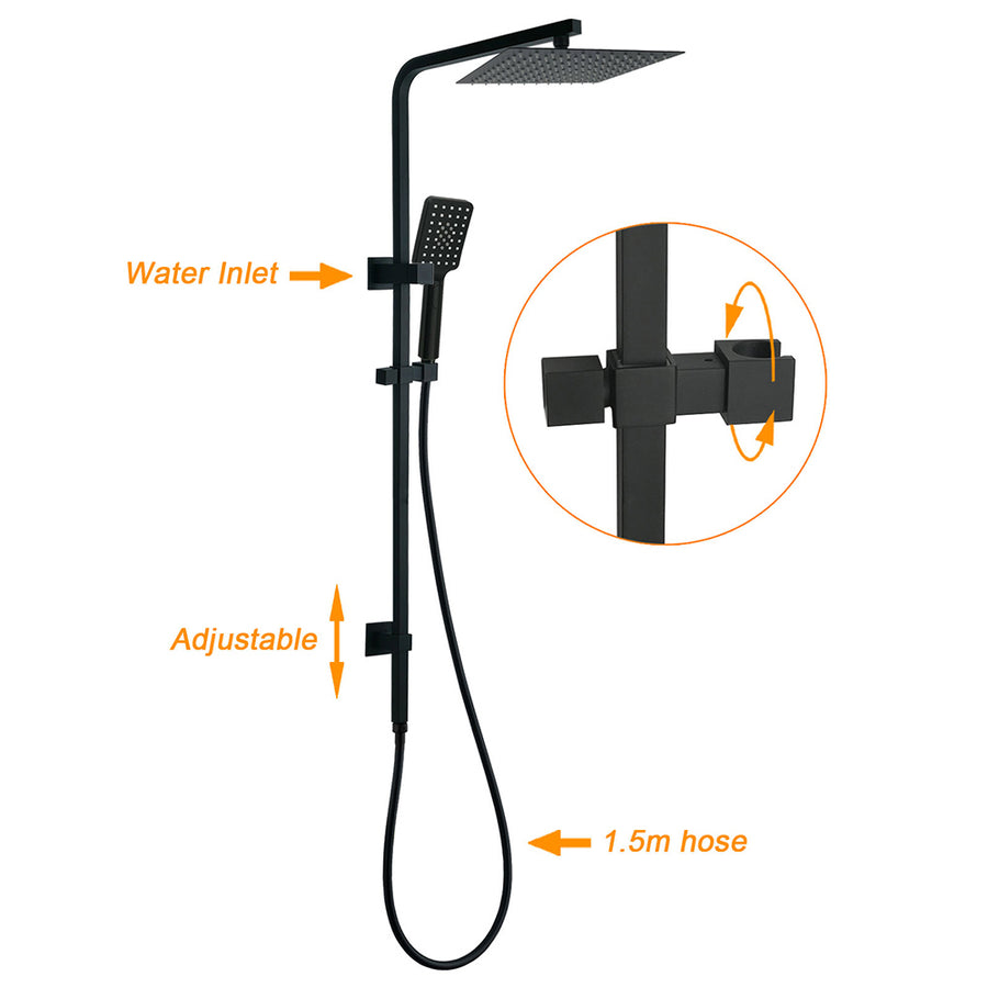 Matt Black Twin Shower Set Square 10" Rain Head 3 Modes Handheld Wall Arm Rail + Mixer