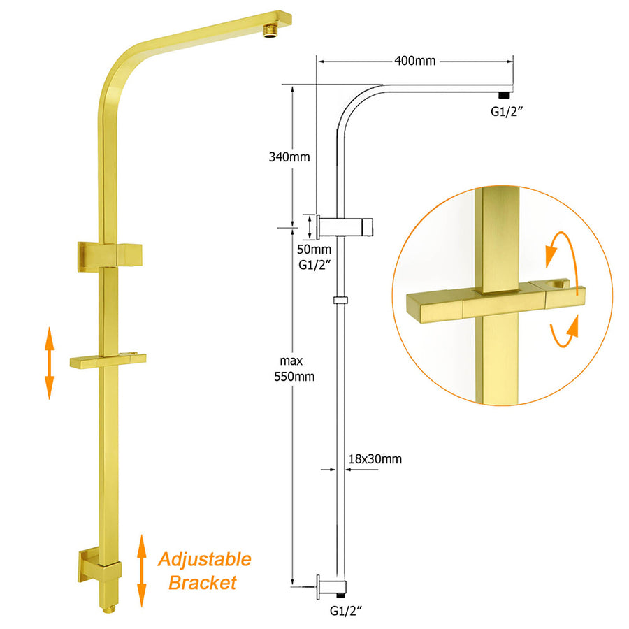 Brushed Gold 2in1 Set 8" Square Rain Shower Head 3 Modes Handheld Silde Rail Arm