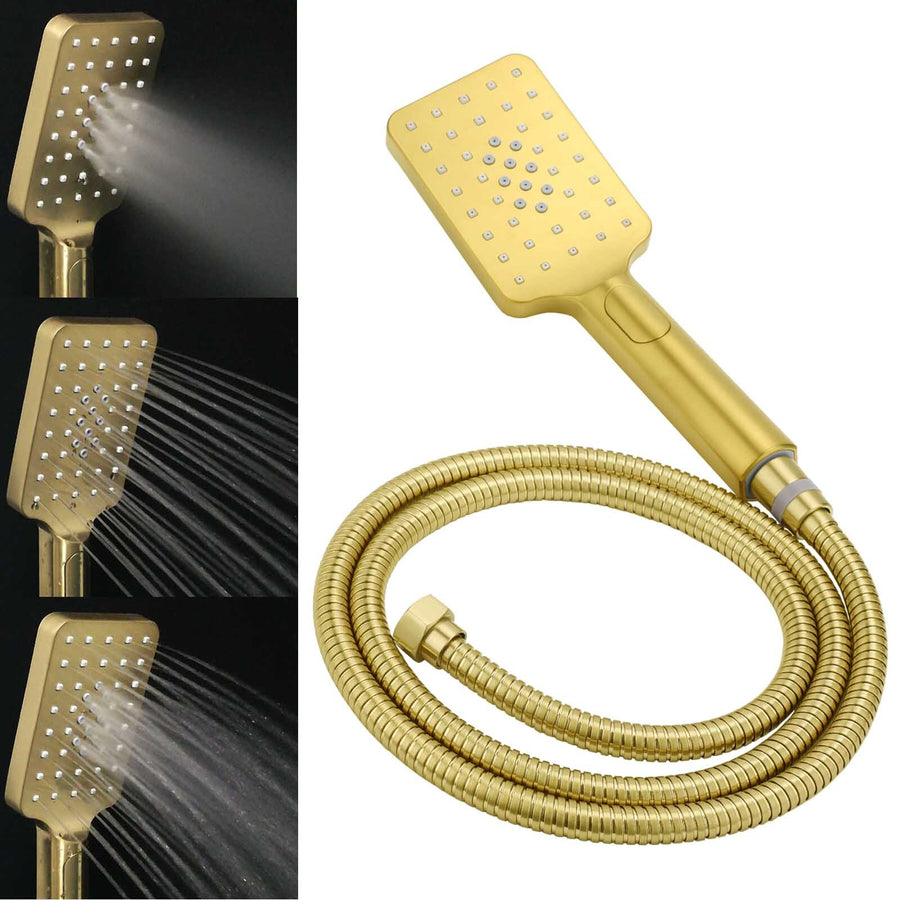 WELS Brushed Gold 2in1 Set 8" Square Rain Shower Head 3 Modes Handheld Silde Rail Arm + Mixer
