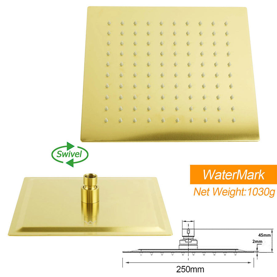 Brushed Gold Square Shower 10" Large Rain Head Handheld Silde Rail Arm 2in1 Set
