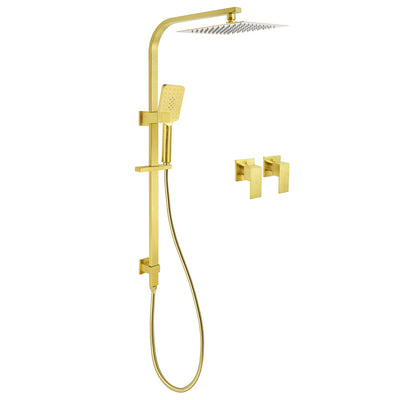 WELS Brushed Gold Square Shower 10" Thin Rain Head Handheld Silde Rail Arm 2in1 Taps Set
