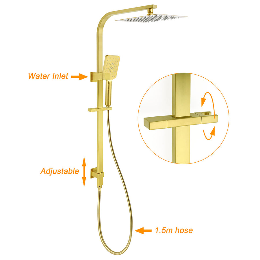WELS Brushed Gold Square Shower 10" Thin Rain Head Handheld Silde Rail Arm 2in1 Taps Set