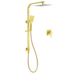 WELS Brushed Gold Square Shower 10" Large Rain Head Handheld Silde Rail Arm 2in1 Set + Mixer