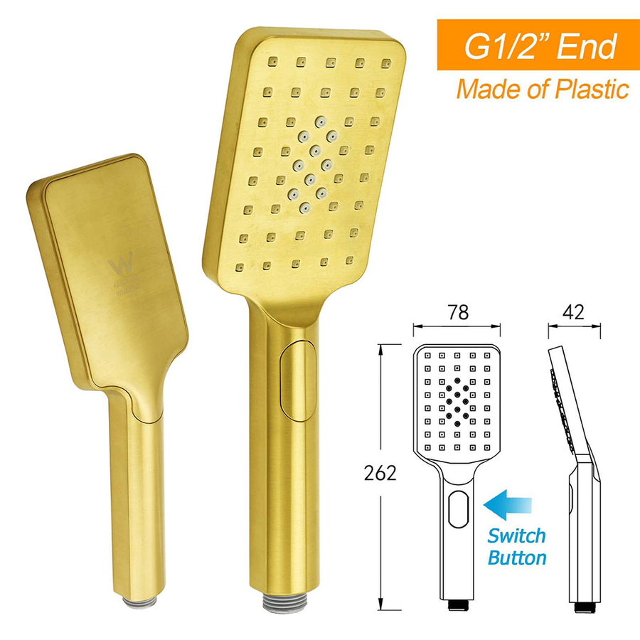 WELS Brushed Gold Square Shower 12" Large Rain Head Handheld Silde Rail Arm 2in1 Set