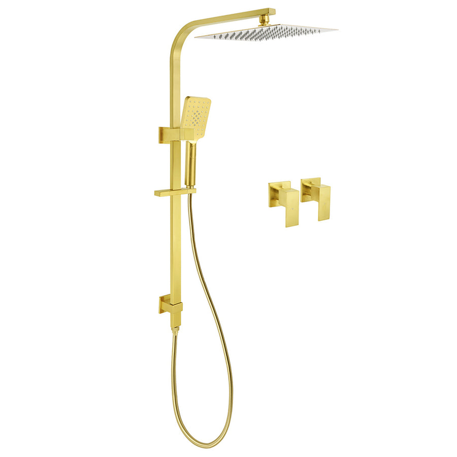 WELS Brushed Gold Square Shower 12" Large Rain Head 3 Modes Handheld Silde Rail Arm 2in1 Taps Set