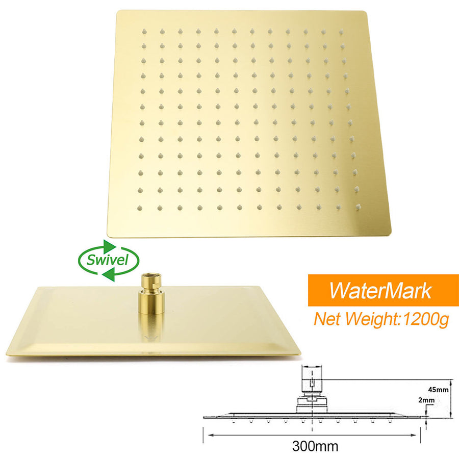 WELS Brushed Gold Square Shower 12" Large Rain Head 3 Modes Handheld Silde Rail Arm 2in1 Taps Set