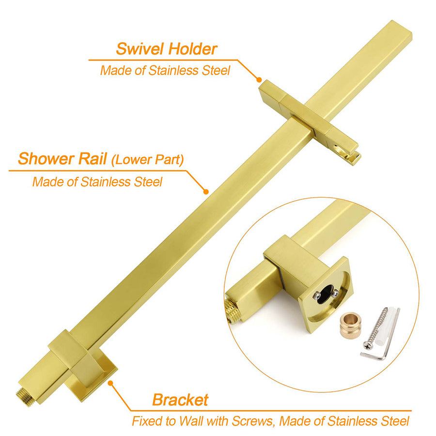 Brushed Gold Square Dual Shower 12" Large Rain Head Handheld Silde Rail Arm 2in1 Set + Mixer