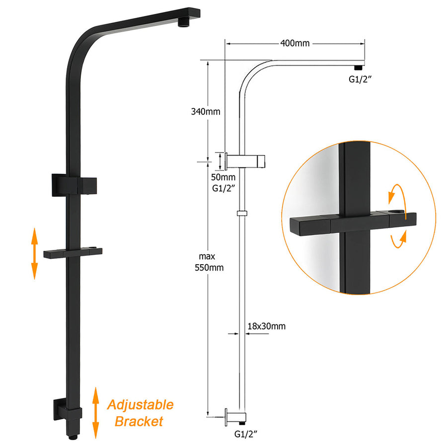 Dual Shower Set Matt Black 12" Rainfall Head 3 Modes Handheld Silding Rail Combo Double Taps