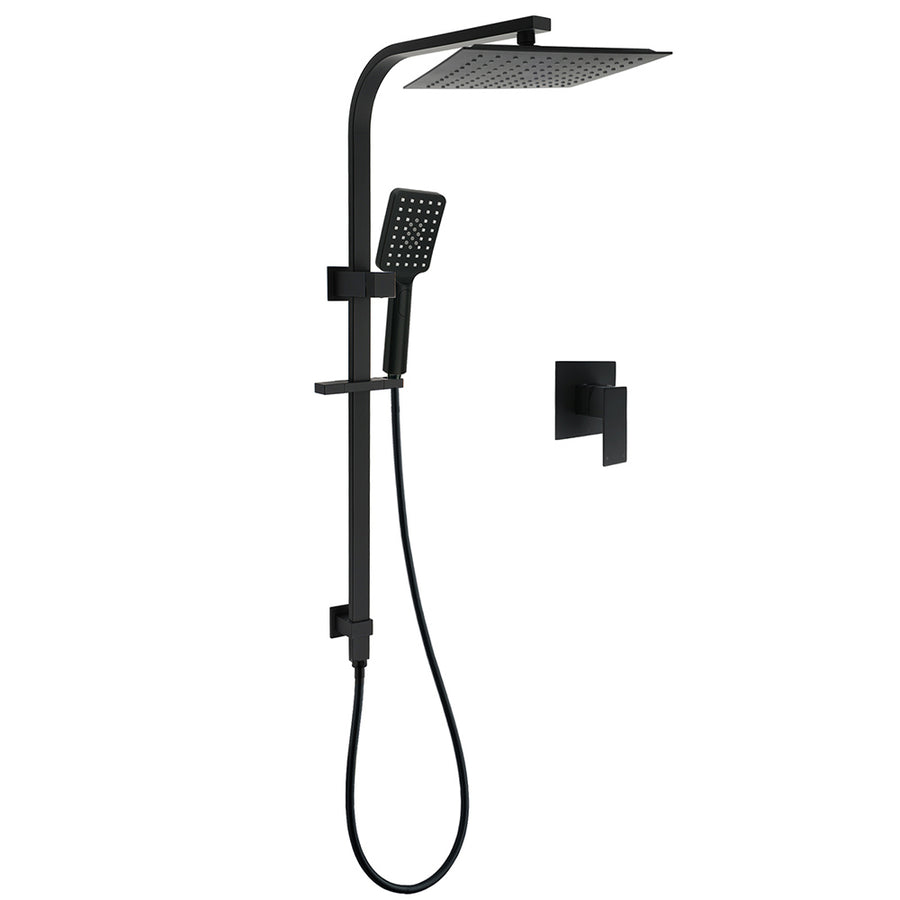 Matt Black Square Twin Shower 10" Rain Head 3 Modes Handheld Silde Rail Arm Mixer Set