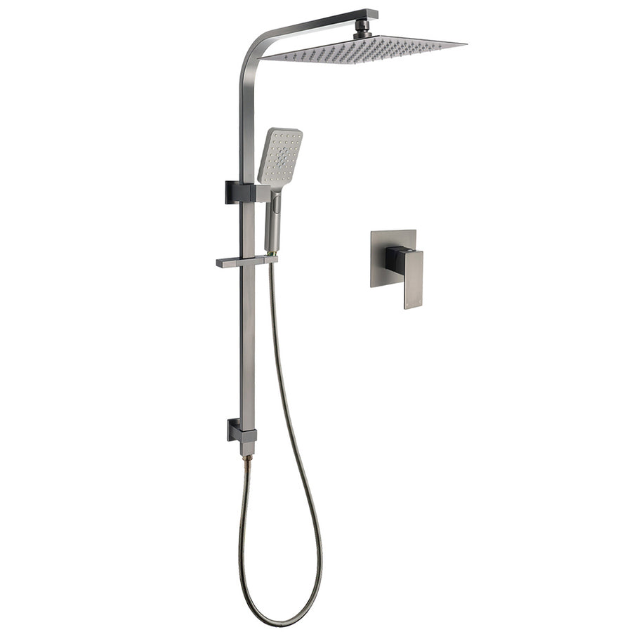 WELS Gun Metal Twin Shower Head Square Set 12" Rain Handheld Sliding Rail Diverter Wall Mixer