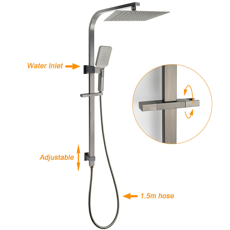 WELS Gun Metal Twin Shower Head Square Set 12" Rain Handheld Sliding Rail Diverter Wall Mixer
