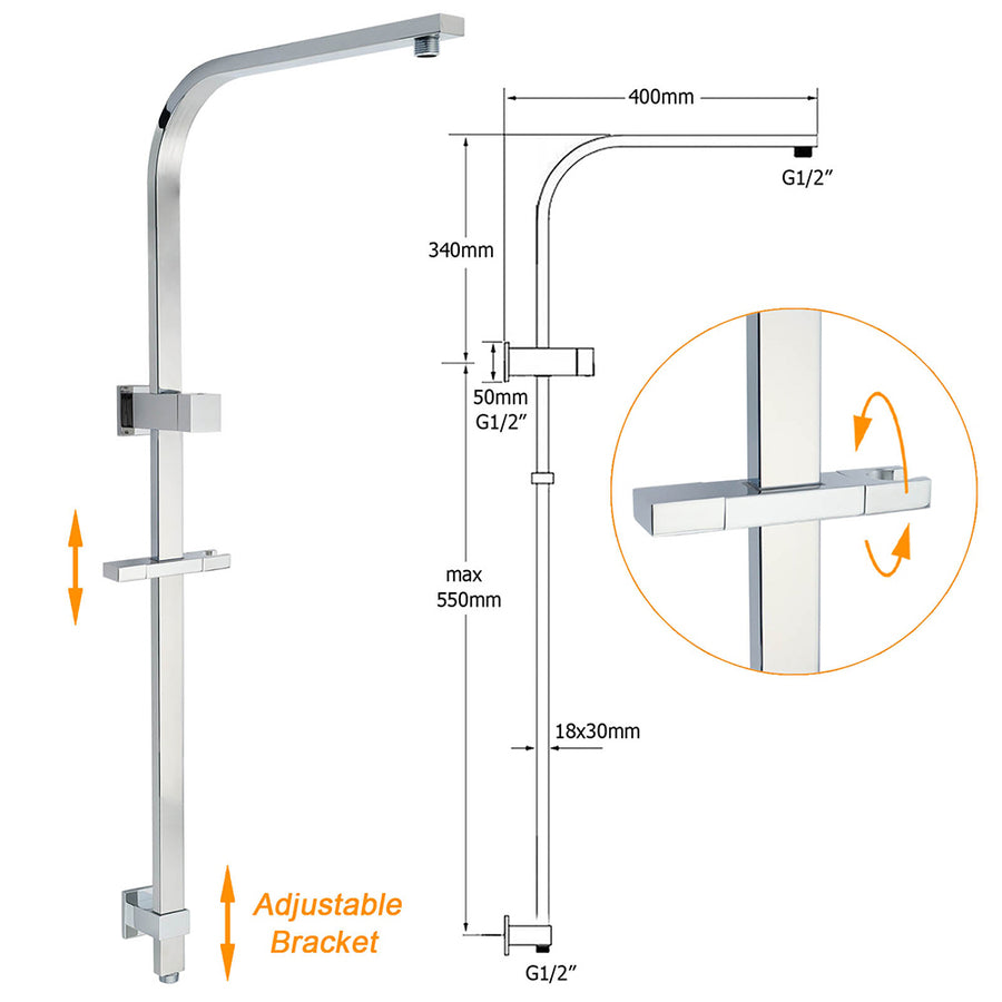WELS Chrome 8" Dual Square Shower Set Rain Head 3 Modes Handheld Sliding Rail