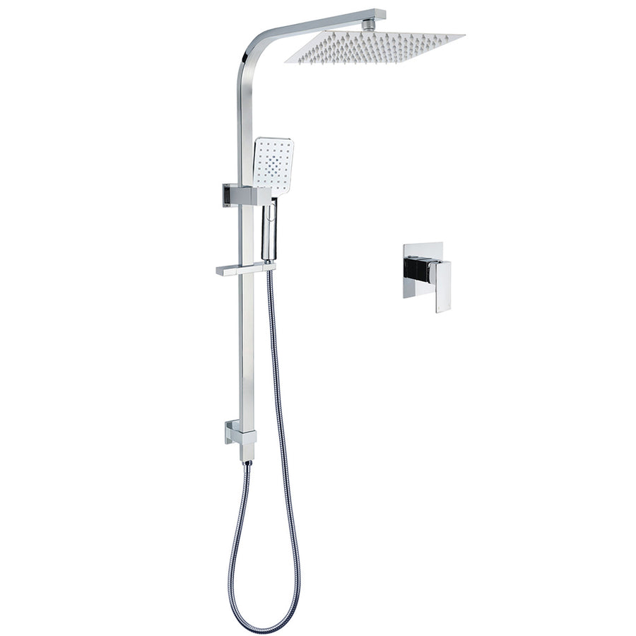 WELS Chrome 8" Twin Square Shower Set Rain Head 3 Modes Handheld Sliding Rail + Mixer