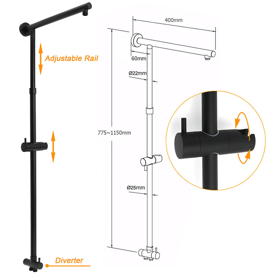 Matt Black Dual Round Shower Set 10" Rain Head 3 Mode Handheld Sliding Rail Arm Diverter