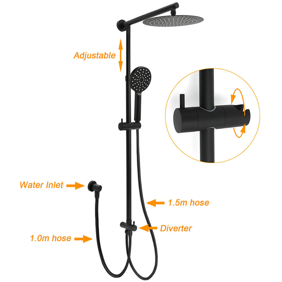 Matt Black 2in1 Round Shower 10" Rain Head 3 Mode Handheld Sliding Rail Diverter Mixer Set
