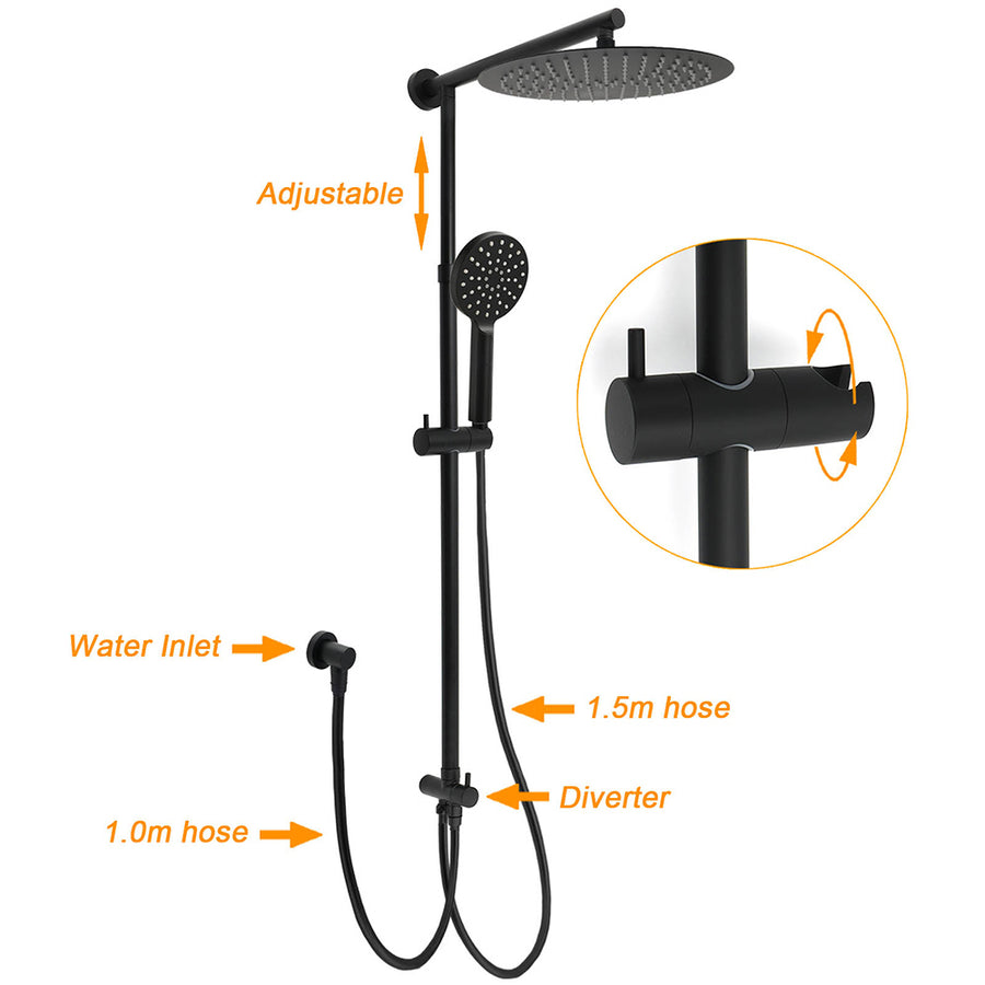 Matte Black Large 12" Round Shower Head Twin Set Handheld Diverter Wall Rail Arm