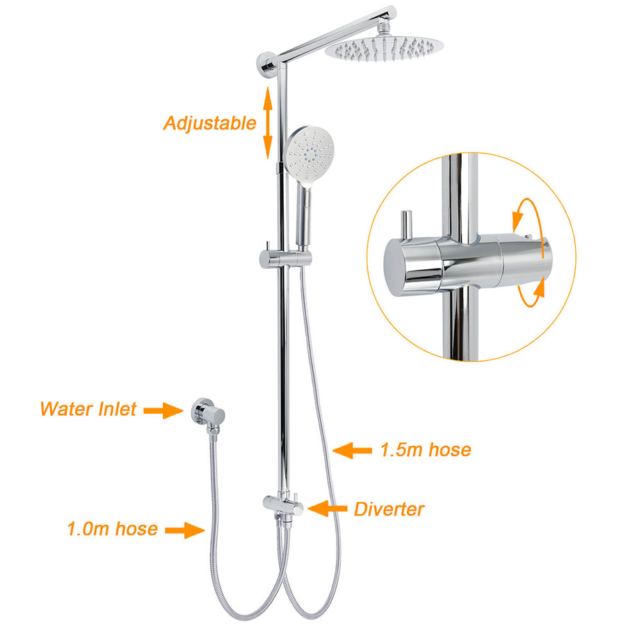 WELS Chrome Round 8" Stainless Steel Rain Head Handheld Sliding Rail Arm 2in1 Shower Set