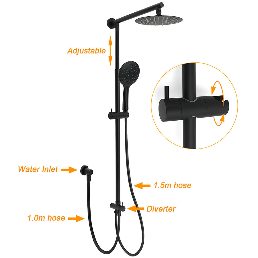 WELS Matt Black Twin Shower 8" Round Head Set Sliding Rail 3 Mode Handheld Rose