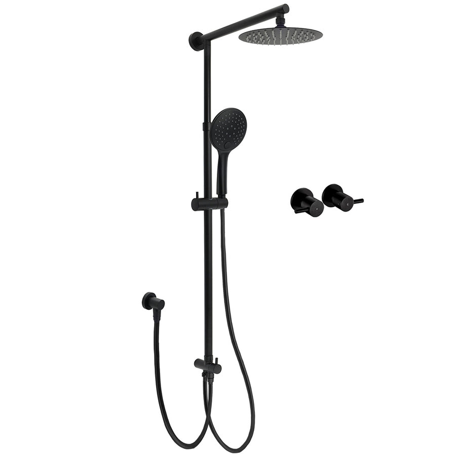 WELS Matt Black Twin Shower 8" Round Head Set Sliding Rail 3 Mode Handheld + Taps