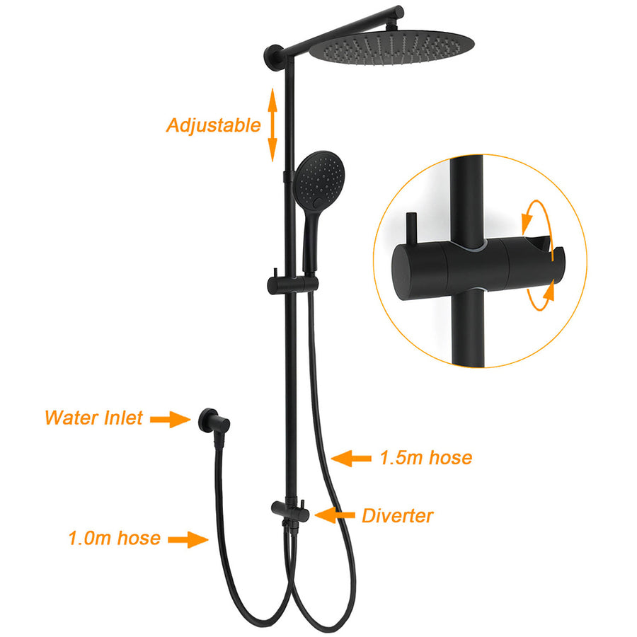 WELS Matte Black 12" Twin Round Shower Head Set Handheld Diverter Rail Wall Arm Mixer