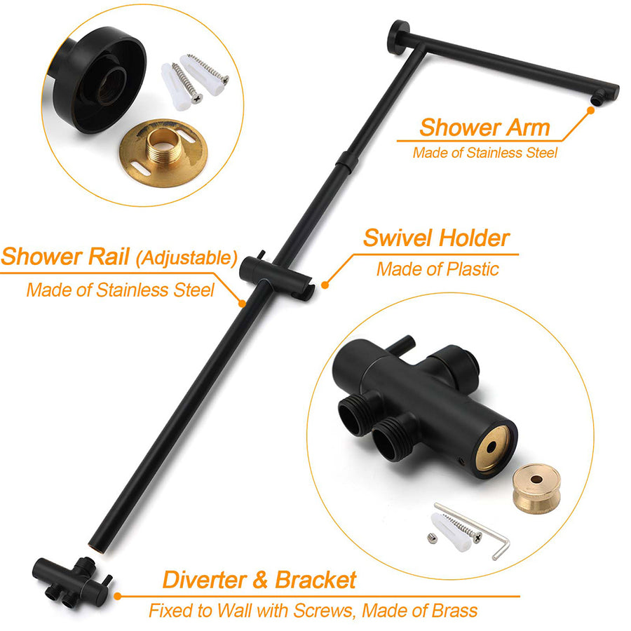 Matt Black 2in1 Set 8" Square Thin Shower Head Handheld Adjustable Silding Rail Arm