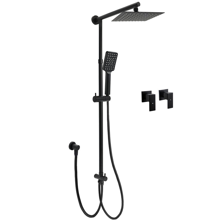 Matt Black 2in1 Set 8" Square Thin Shower Head Handheld Adjustable Silding Rail Twin Taps