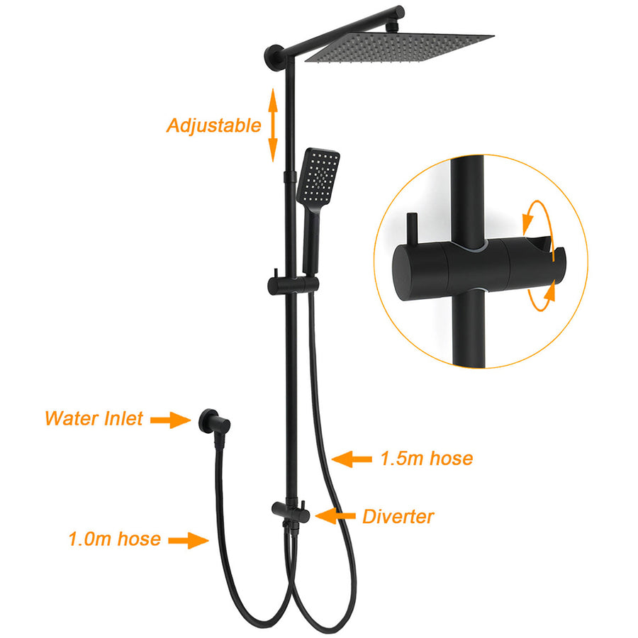 Matt Black 2in1 Set Square 10" Shower Rain Head Handheld Adjustable Silding Rail + Twin Taps