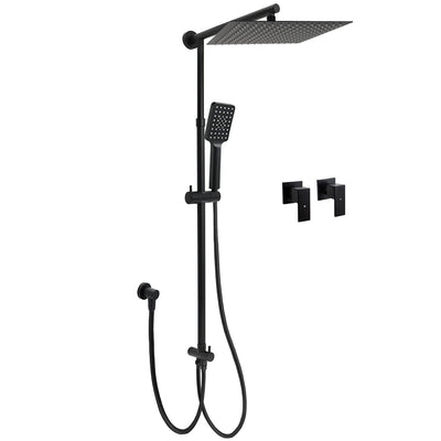 Matt Black Dual Shower Large 12" Square Head Handheld Adjustable Silde Rail Set Twin Taps