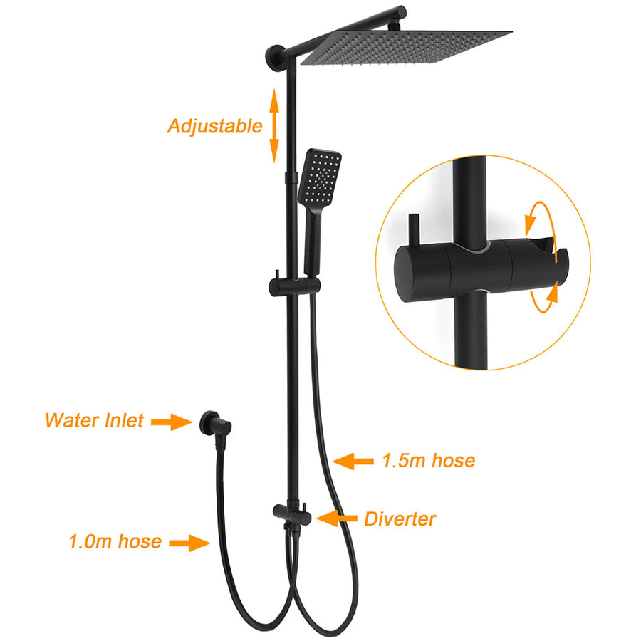 Matt Black Dual Shower Large 12" Square Head Handheld Adjustable Silde Rail Set Twin Taps