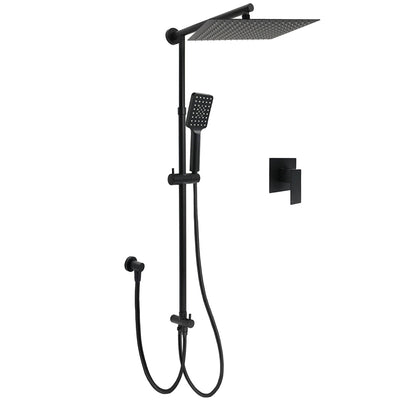 Matt Black Dual Shower Large 12" Square Head Handheld Adjustable Silde Rail Set Mixer