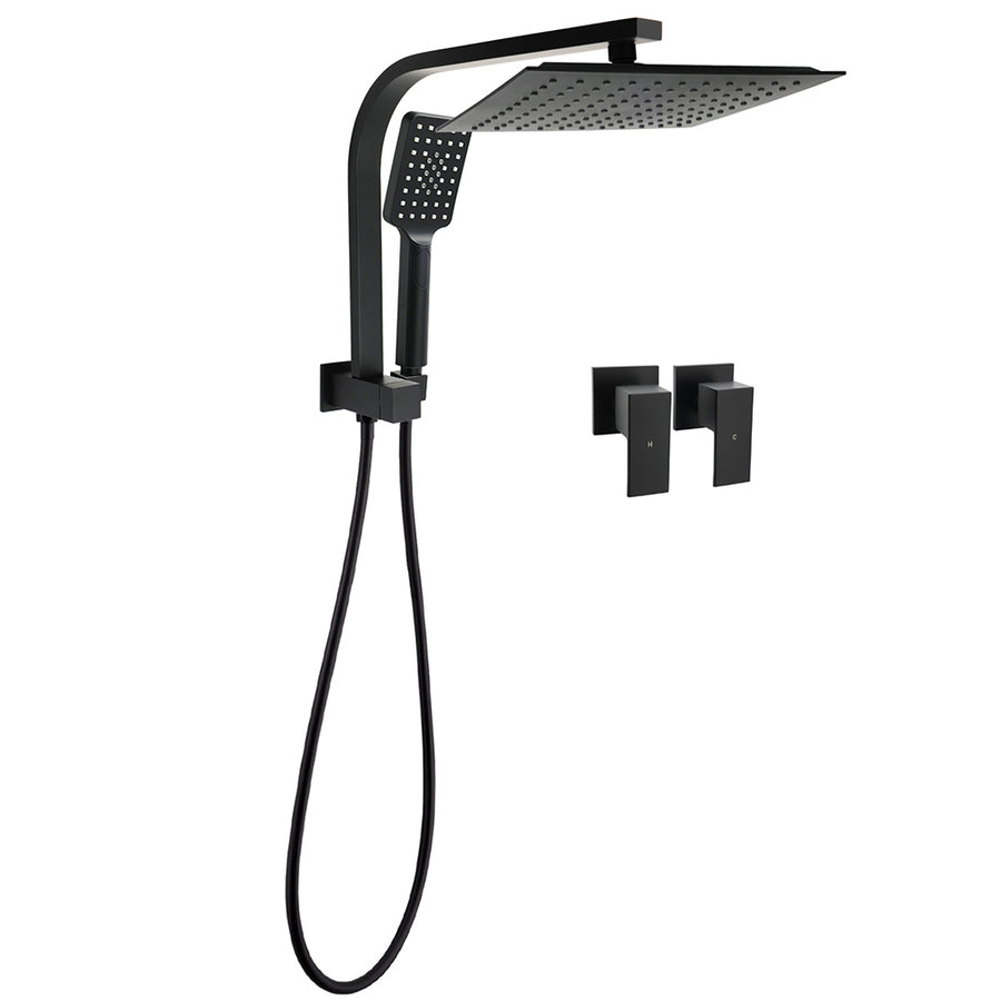 WELS Matt Black 10" Rain Shower Head 3 Mode Handheld Gooseneck Arm Diverter 2in1 Set Taps