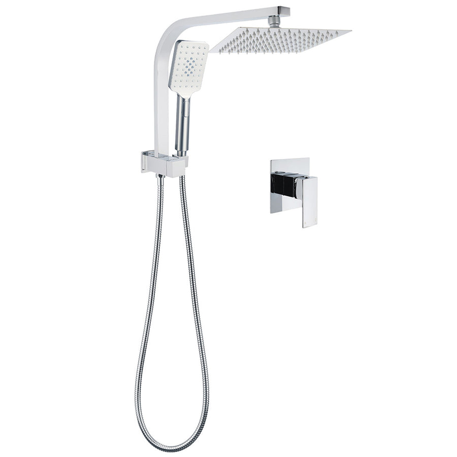 WELS Chrome Square Dual Rain Shower 8" Head 3 Mode Handheld Diverter Wall Arm Mixer Set