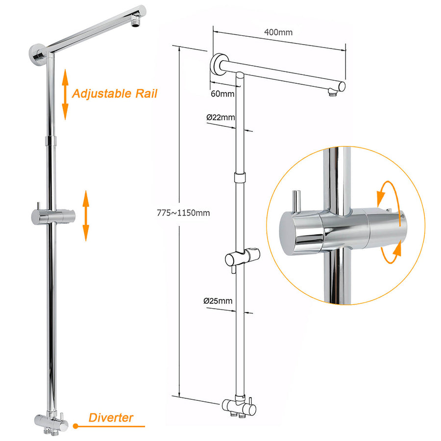 WELS Dual Square Shower Head 12" Rain Rose + 3 Modes Handheld Diverter Rail Arm Set