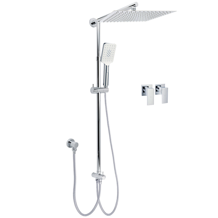 Double Square Shower Head 12" Rain Rose + 3 Modes Handheld Diverter Rail Arm Taps Set