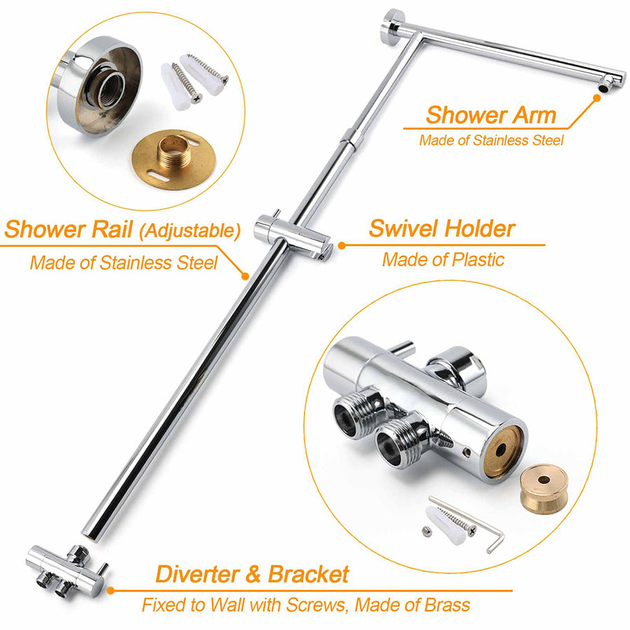 Double Square Shower Head 12" Rain Rose + 3 Modes Handheld Diverter Rail Arm Mixer Set