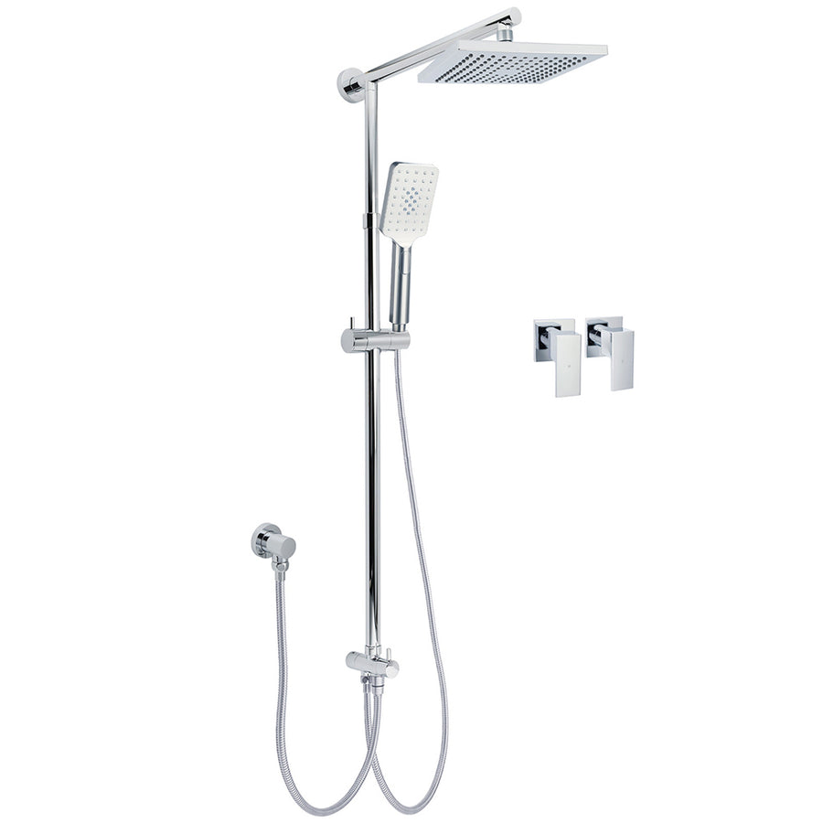 WELS Square Plastic Shower 8" Rainfall Head 3 Mode Handheld Sliding Rail Wall Arm + Twin Taps