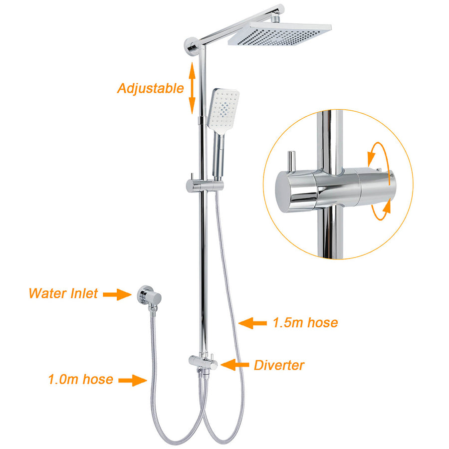 WELS Square Plastic Shower 8" Rainfall Head 3 Mode Handheld Sliding Rail Wall Arm + Twin Taps