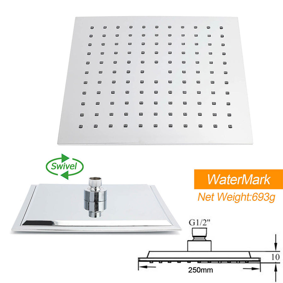 WELS Chrome Square 10" Rain Shower Head 3 Function Handheld Sliding Rail Wall Arm Set