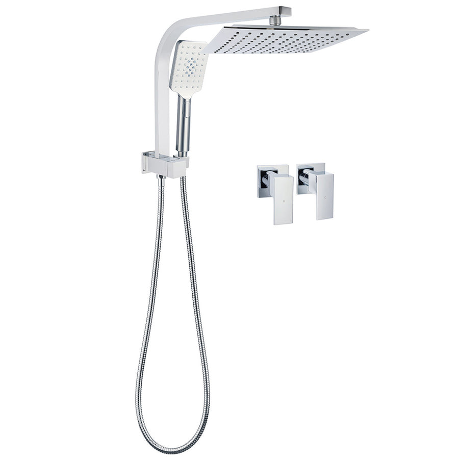 WELS Twin Square 10" Rain Shower Head 3 Mode Handheld Diverter Wall Arm Taps Valve