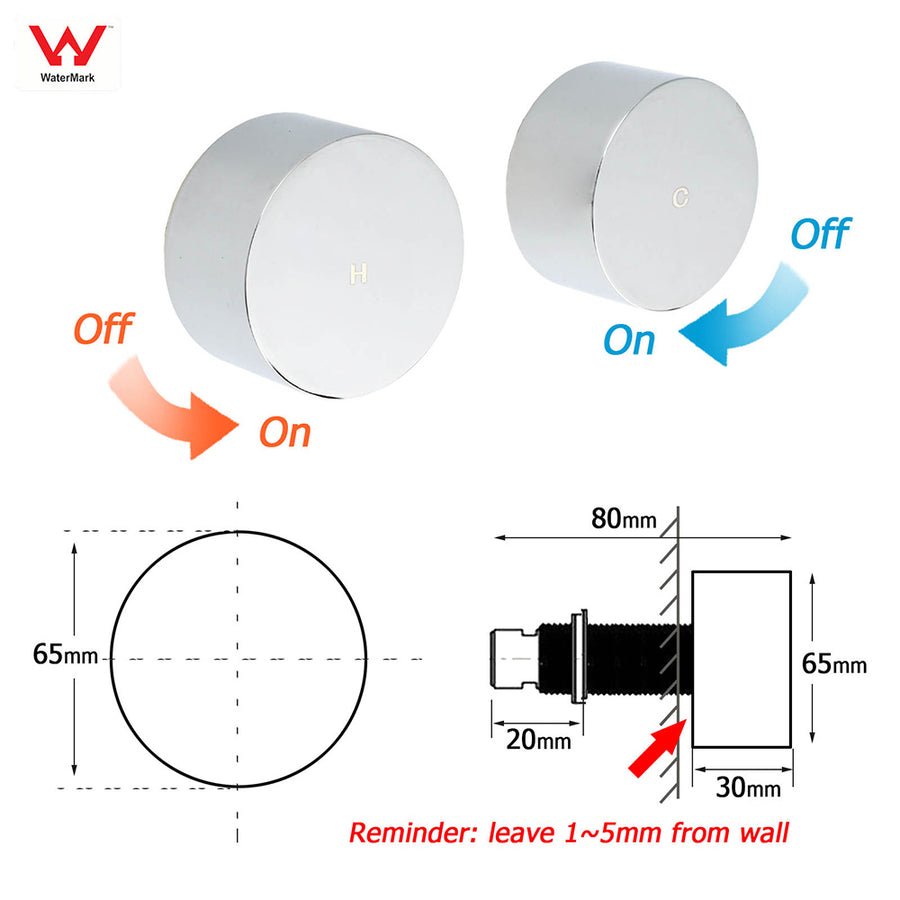 Polished Chrome Round 1/4 Turn Twin Shower Taps Set Hot Cold Water Switch Mixer