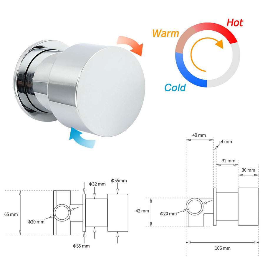 Watermark Chrome 1/4 Turn Switch Hot Cold Water Mixer Bathroom Shower Tap Valve