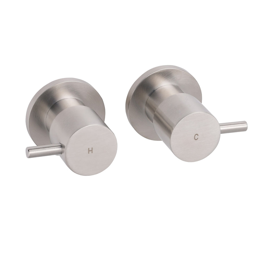 Brushed Nickel Wall Mounted 1/4 Turn Twin Shower Taps Set Hot Cold Water Valve