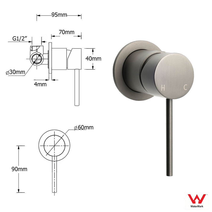 Gun Metal Round Small Face Wall Shower Mixer Hot Cold Bath Tap Valve Cartridge